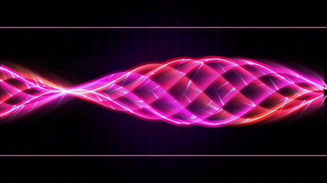 Glowing neon pink and orange wave pattern oscillating on a dark grid background digital loop motion
