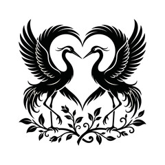 Fototapeta premium Elegant black and white illustration of two cranes forming a heart shape with floral decorative elements