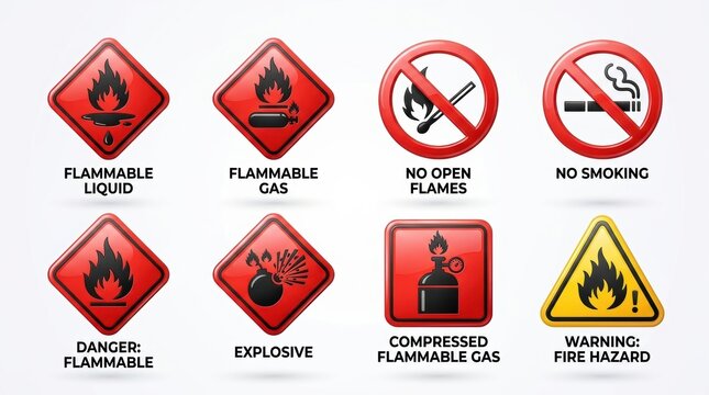 Flammable and fire hazard safety warning sign vector icons set