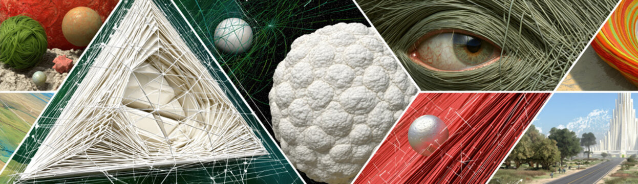 Surreal Geometric Texture Collage - A sweeping panoramic montage blends sharp wireframe triangles, fibrous textures, organic spheres, a green string eye, and an expansive futuristic cityscape