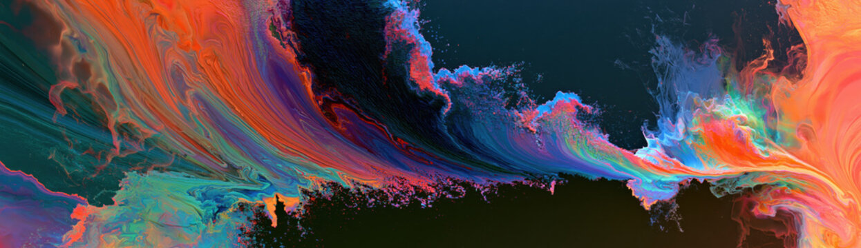 Cosmic Fluid Acrylic Swirl - Dynamic waves of vibrant orange, teal, and magenta paint crash against a dark, textured void to form a sweeping, panoramic display of abstract celestial energy