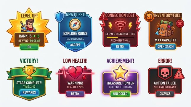Fantasy rpg mobile game interface ui pop up and achievement badge set
