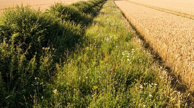 Flowering Grass Margin Beside A Ripe Wheat Field Showing Farmland Biodiversity
