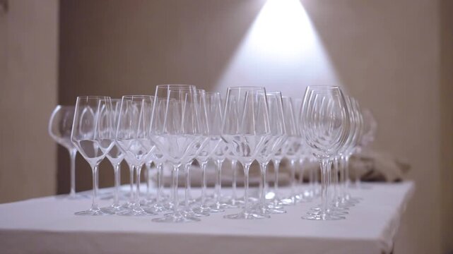 Clean transparent glasses of different shapes on table with white tablecloth in the reception hall of luxury restaurant, goblets prepared for wine or champagne, refreshing drinks for catering service