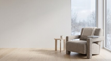 Fototapeta premium Minimalist reading corner with taupe lounge chair, linen-bound book and cashmere throw beside a winter window, serene contemporary interior with soft daylight and copy space