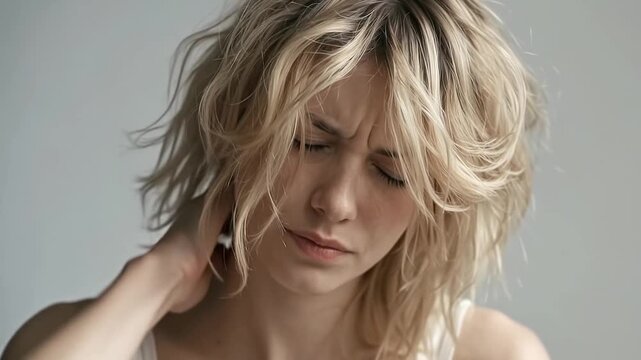 Young Blonde Woman with Neck rubbing, Repeatedly scratching or massaging the back of the neck.