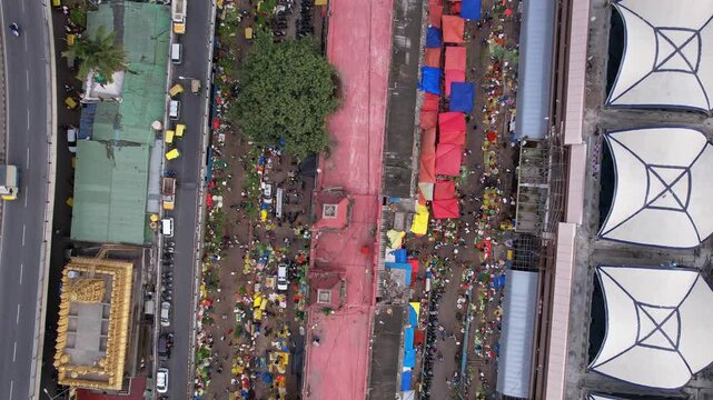 Drone bird eye view of KR market bangalore showing busy market place and urban city landscape