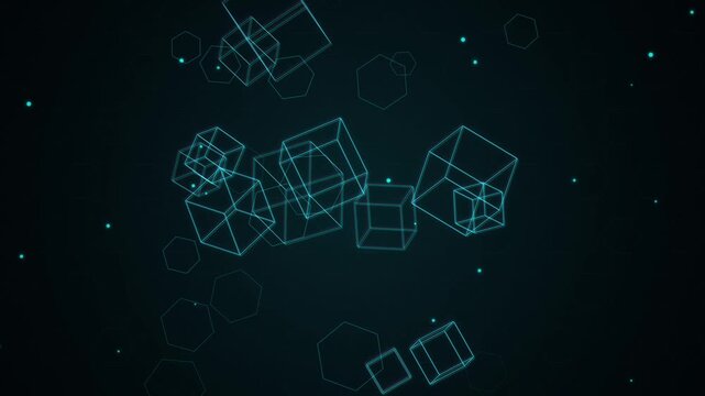 Rotating purple neon wireframe geometric shapes with flying particles on black background loop