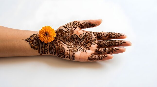 Woman hand decorated with intricate bridal henna mehndi patterns holding an orange marigold flower, isolated on seamless white background.