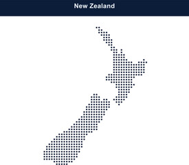 Obraz premium New zealand map made of small blue square dots on a dark blue header background