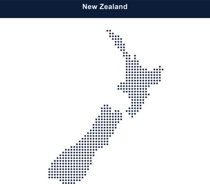 New zealand map made of small blue square dots on a dark blue header background
