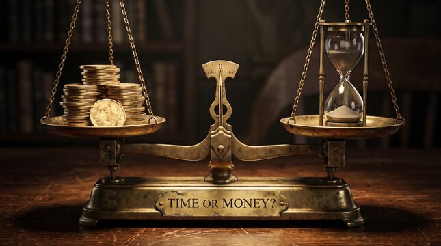 Old bronze scale weighing time and money coins