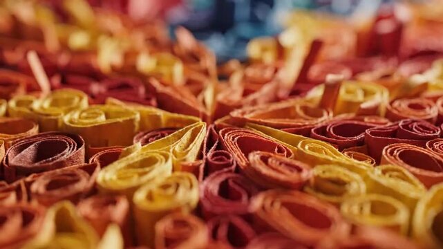 Close-up of colorful paper quilling art in three stages