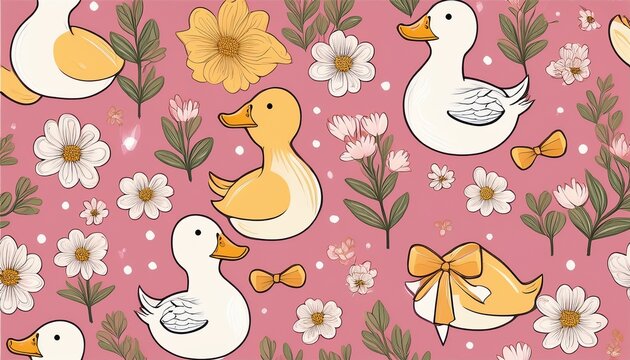 charming seamless pattern with ducks flowers and bows on a pink background