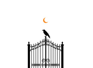 Obraz premium Cemetery Gate Silhouette with One Raven and Crescent Moon