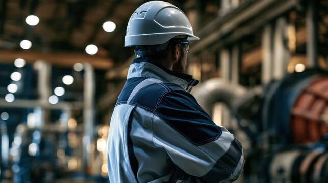 Professional Engineer in Safety Gear Looking Over Industrial Facility with Modern Machinery and Equipment in Background During Daylight Hours