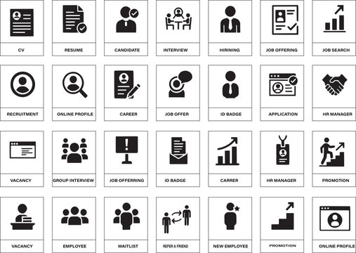 A modern and professional set of HR and hiring vector icons featuring resume, candidate, interview, job search, and more. Ideal for recruitment platforms, HR software, and job portals