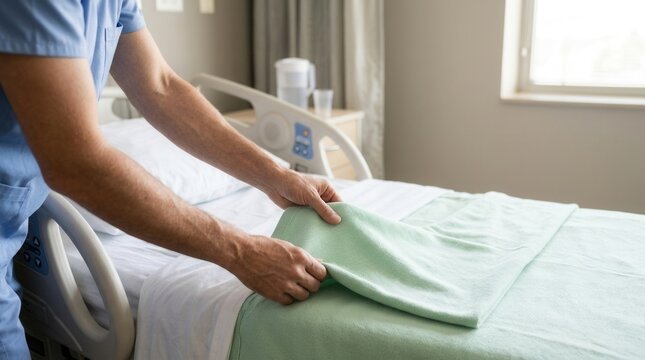 Healthcare worker in blue scrubs neatly folding a green blanket on a hospital bed, emphasizing cleanliness and care.