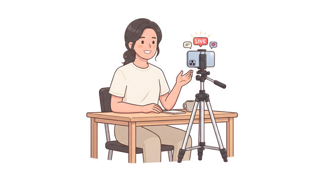 Cute cartoon illustration of a female content creator hosting a live streaming session. She is speaking to the camera in front of a computer and microphone setup, creating an engaging and friendly onl