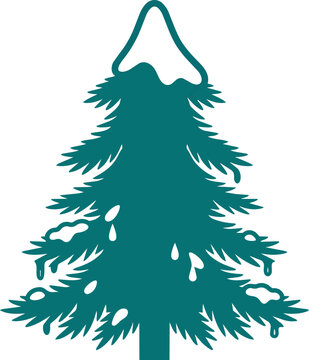 A solid dark teal young pine tree silhouette with a rounded pile of snow on its branches, representing winter and natural scenery