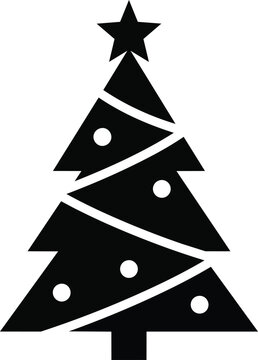 Black silhouette Christmas tree with decorations and a star on top, symbolizing festive holidays and winter celebrations, perfect for seasonal design elements