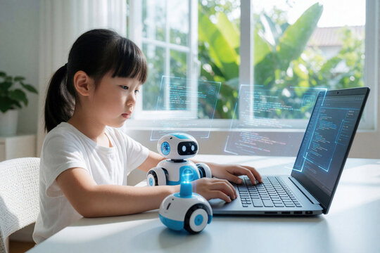 Asian girl learns coding by programming a robot with a laptop at home. Child studies STEM education, using tech for creative learning, focused on future skills.
