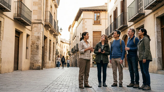 Tour guide giving a historical walking tour to a group of interested tourists on an ancient stone street.