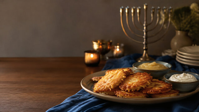 Potato latkes with applesauce beside a Hanukkiah