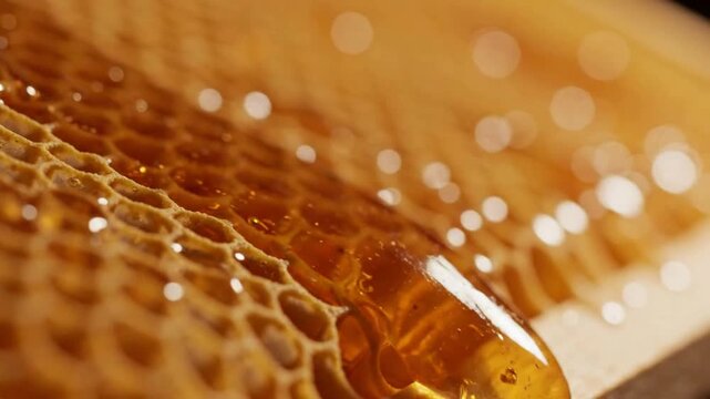 Golden honey drizzling over natural bee honeycomb, macro close-up of organic sweet nectar pouring for healthy food and culinary concepts