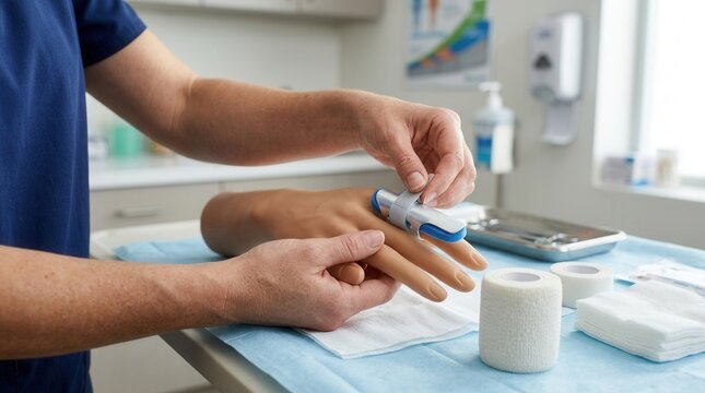 Medical professional demonstrates applying a finger splint on a training dummy hand with medical supplies nearby.