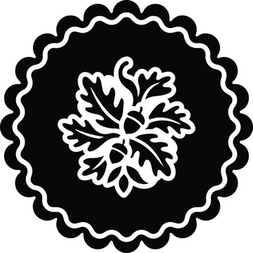 Decorative black and white emblem featuring oak leaves and acorns in a circular, scalloped border, perfect for vintage autumn design elements