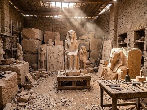 Ancient Egyptian Sculptor Workshop with Pharaoh Statues, Stone Carvings, Chisel Tools, and Dust Rays