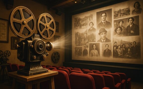 Vintage film projector in an old cinema hall displaying historical portraits on screen