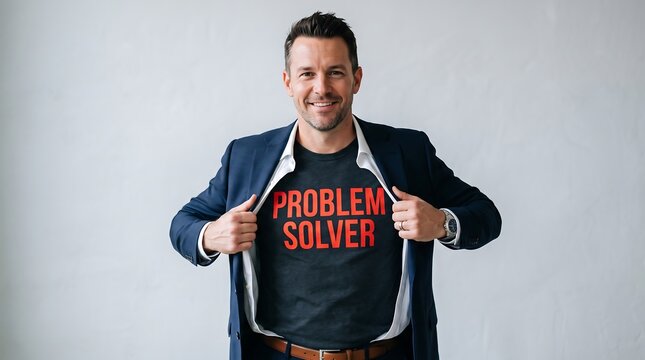 Businessman revealing a problem solver shirt under his suit