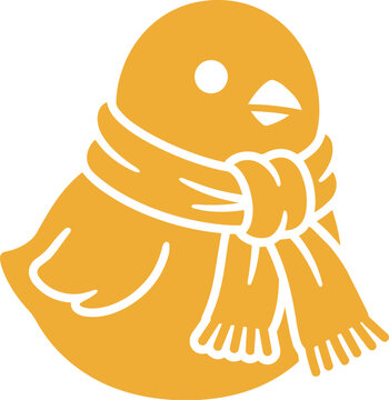 A cute orange chick wearing a white knotted winter scarf, a sweet avian character icon for seasonal designs or children's illustrations