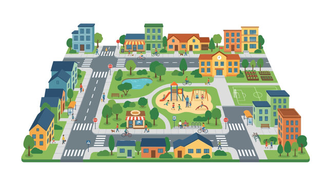 Colorful flat vector neighborhood illustration with park and playground
