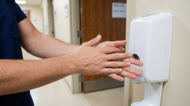 Healthcare worker in scrubs sanitizing hands with liquid sanitizer from a wall-mounted dispenser in a hospital corridor.