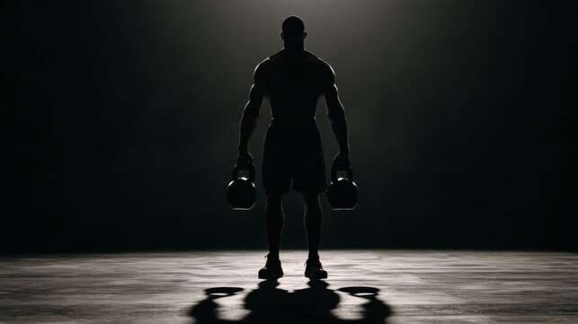 Strong silhouette of a determined athlete lifting kettlebells in a dramatic light setting on a gym floor for fitness and training concepts