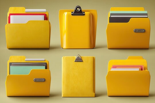 Yellow file folders and clipboard with documents organized