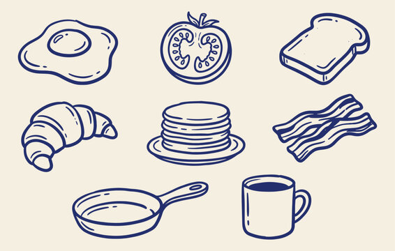 blue outline icons set of breakfast foods including fried egg pancake bacon toast and coffee