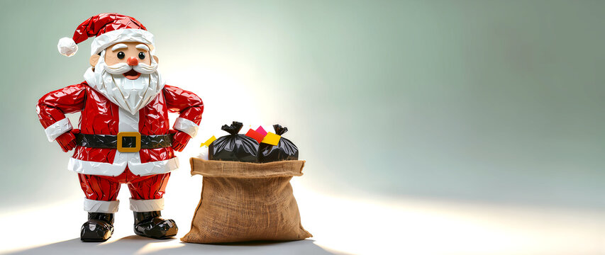 Wide horizontal banner of a crafted foil Santa Claus with a garbage sack and copy space.