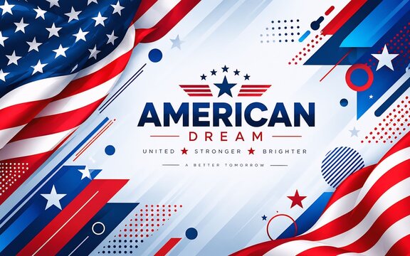 American dream patriotic background with flowing usa flag and modern graphic geometric elements