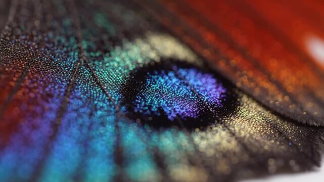 Close-up of iridescent peacock feather in natural light