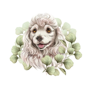 Hand-drawn illustration of a cute white poodle portrait with eucalyptus leaves