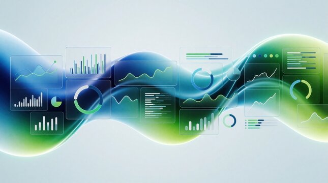 Abstract data charts and graphs displayed on digital screens flow over a colorful gradient wave. Modern digital analytics for business growth and financial planning.