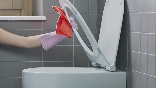 Close Up Hands Spraying Disinfectant and Wiping Toilet Seat