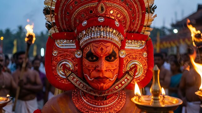 Elaborate Theyyam Ritual Performer with Intricate Face Paint at Onam Festival