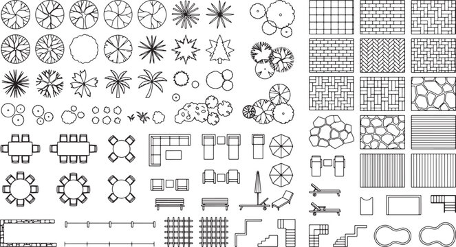 Landscape architecture plan symbols set featuring trees furniture paving patterns and swimming pool designs in vector line art