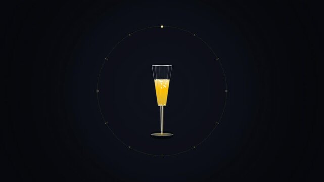 Luxury 4K animation featuring modern crystal champagne flutes acting as clock hands striking midnight with an elegant clink impact and golden effervescence shockwave. Perfect for New Year gala events