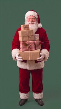 Santa Claus is carrying many gifts. while standing on a festive green background. 